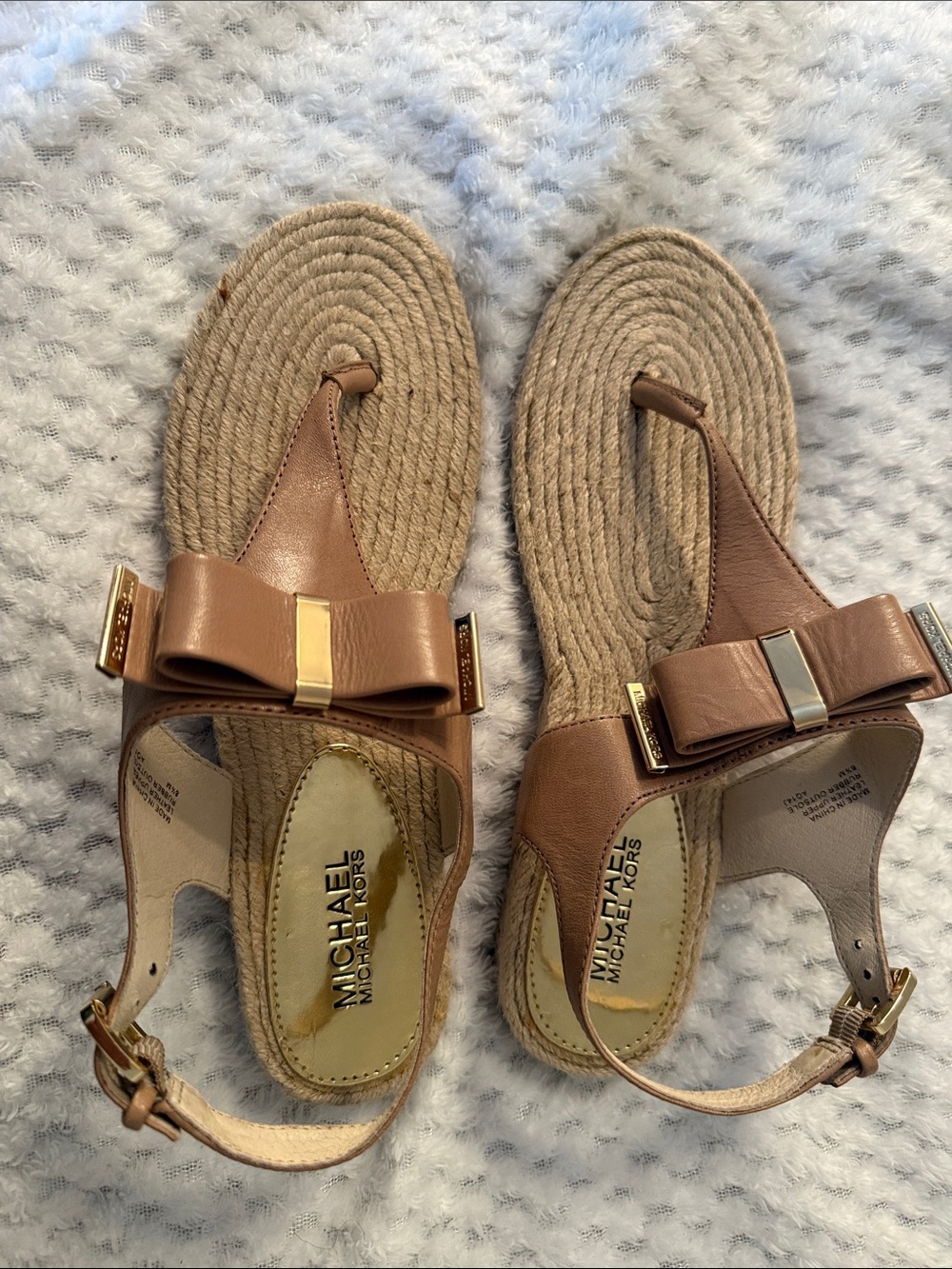 Michael Kors Brown Leather Bow Espadrille Sandals with Gold Trim